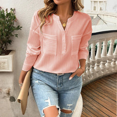 GAOVOT V Neck Spring and Summer Women Blouse Long Sleeve Pocket Casual Women Tops