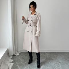 Gaovot Elegant Beige Lapel Collar Belted Double Breasted Long Sleeve Trench Coat