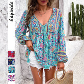 Gaovot Bomichia Beach Style Printed Contrasting Color Loose V-Neck Shirt for Women