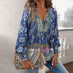Gaovot Summer Bohemian Print Shirt for Women with Loose Long Sleeves and V-Neck - Spring Women's Dress