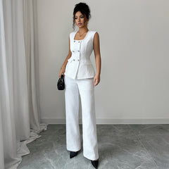 Gaovot Textured Double Breasted Vest & High Waisted Wide Leg Pants Set