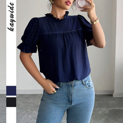 Gaovot Ruffle Neck Puff Sleeve Swiss Dot Blouse for Daily Wear