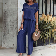 Gaovot Spring and Summer Fashion Vacation Lace Patchwork Short-Sleeved Long Pants Set Women