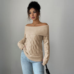 Gaovot Cozy Beige Off Shoulder Cable Knit Long Sleeve Sweater For Women