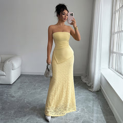 Gaovot Glamorous Yellow Strapless Ruched Top Lace Skirt Maxi Dress for Formal Events