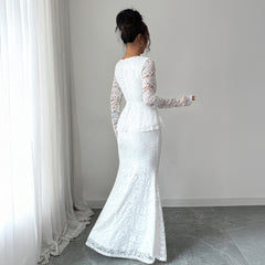 Gaovot Lace Square Neck Long Sleeve Peplum Mermaid Maxi Dress
