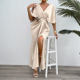 Gaovot Spring/Summer Women's Dress - Elegant and Intimate V-neck Batwing Sleeve Dress with Flowered Slits - Sexy Streetwear Dress for Women