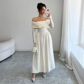 Gaovot Elegant Off-the-Shoulder White Evening Gown with Floral Embellishments