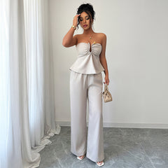 Gaovot Elegant Beige Strapless Twist Front Crop Top & Wide Leg Pants Two Piece Outfit
