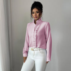 Gaovot Elegant Light Blue Striped Ruffle Detail Blouse for Office Wear