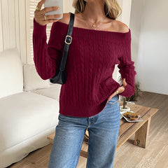 Gaovot Off Shoulder Foldover Neck Cable Knit Pullover Sweater for Casual Outings