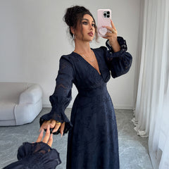 Gaovot Navy Blue Lace V-Neck Lantern Sleeve Midi Dress