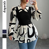 Gaovot Black & White Abstract Print Contrast Collar Puff Sleeve 2 In 1 Blouse for Daily Wear