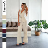 Gaovot Halter Neck Button Front Vest & High Waisted Wide Leg Pants Set