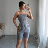 Gaovot 2 Pcs Set Grey Strapless Peplum Top & High Waist Shorts Set for Casual Outings