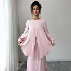 Gaovot Elegant Pink Satin Long Sleeve Wrap Blouse & Mermaid Maxi Skirt Two Piece Set