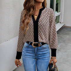 Gaovot Allover Print Contrast Trim V Neck Long Sleeve Blouse for Daily Wear