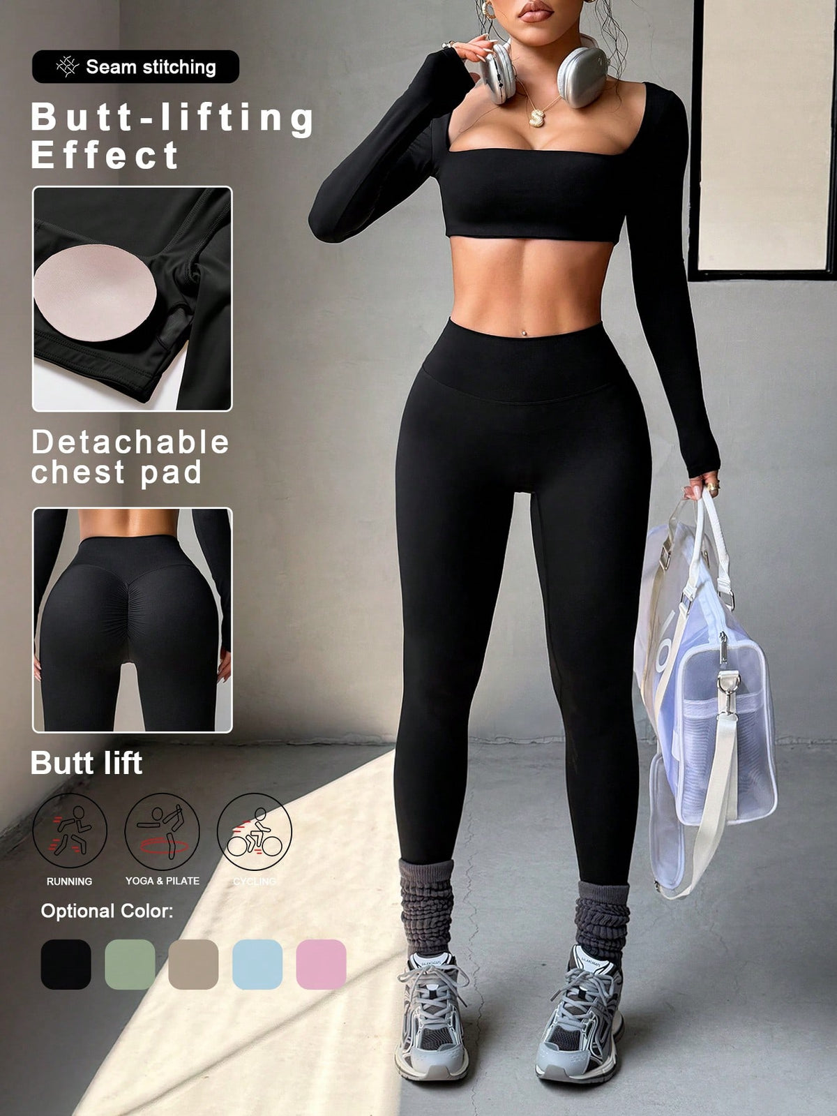 Gaovot Sports Women's Two Pieces Spring And Summer Sports Casual Short Long Sleeve Square Neck T-Shirt Top And Skinny Pants Suit Gym Wear For Fitness Yoga Running Exercise