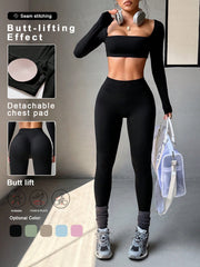 Gaovot Sports Women's Two Pieces Spring And Summer Sports Casual Short Long Sleeve Square Neck T-Shirt Top And Skinny Pants Suit Gym Wear For Fitness Yoga Running Exercise
