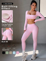 Gaovot Sports Women's Two Pieces Spring And Summer Sports Casual Short Long Sleeve Square Neck T-Shirt Top And Skinny Pants Suit Gym Wear For Fitness Yoga Running Exercise