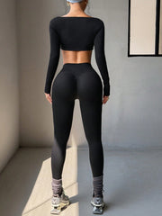 Gaovot Sports Women's Two Pieces Spring And Summer Sports Casual Short Long Sleeve Square Neck T-Shirt Top And Skinny Pants Suit Gym Wear For Fitness Yoga Running Exercise