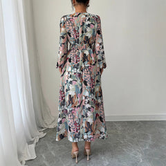 Gaovot Floral Print V Neck Tie Waist Chiffon Midi Dress for Vacation