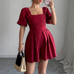 Gaovot Square Neck Ruched Waist Puff Sleeve Romper for Daily Wear