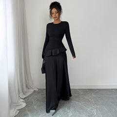Gaovot Elegant Black Peplum Waist Satin Maxi Dress with Long Sleeves