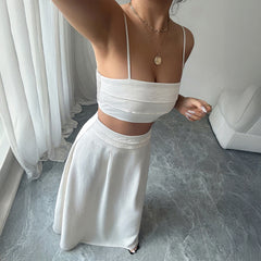 Gaovot Elegant White Cami Crop Top & High Waist Maxi Skirt Two Piece Set