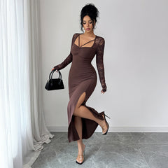 Gaovot Chocolate Lace Long Sleeve Split Thigh Bodycon Maxi Dress for Party