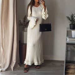 Gaovot Casual and simple solid-color wide-neck long-sleeved sweater long maxi women's dress