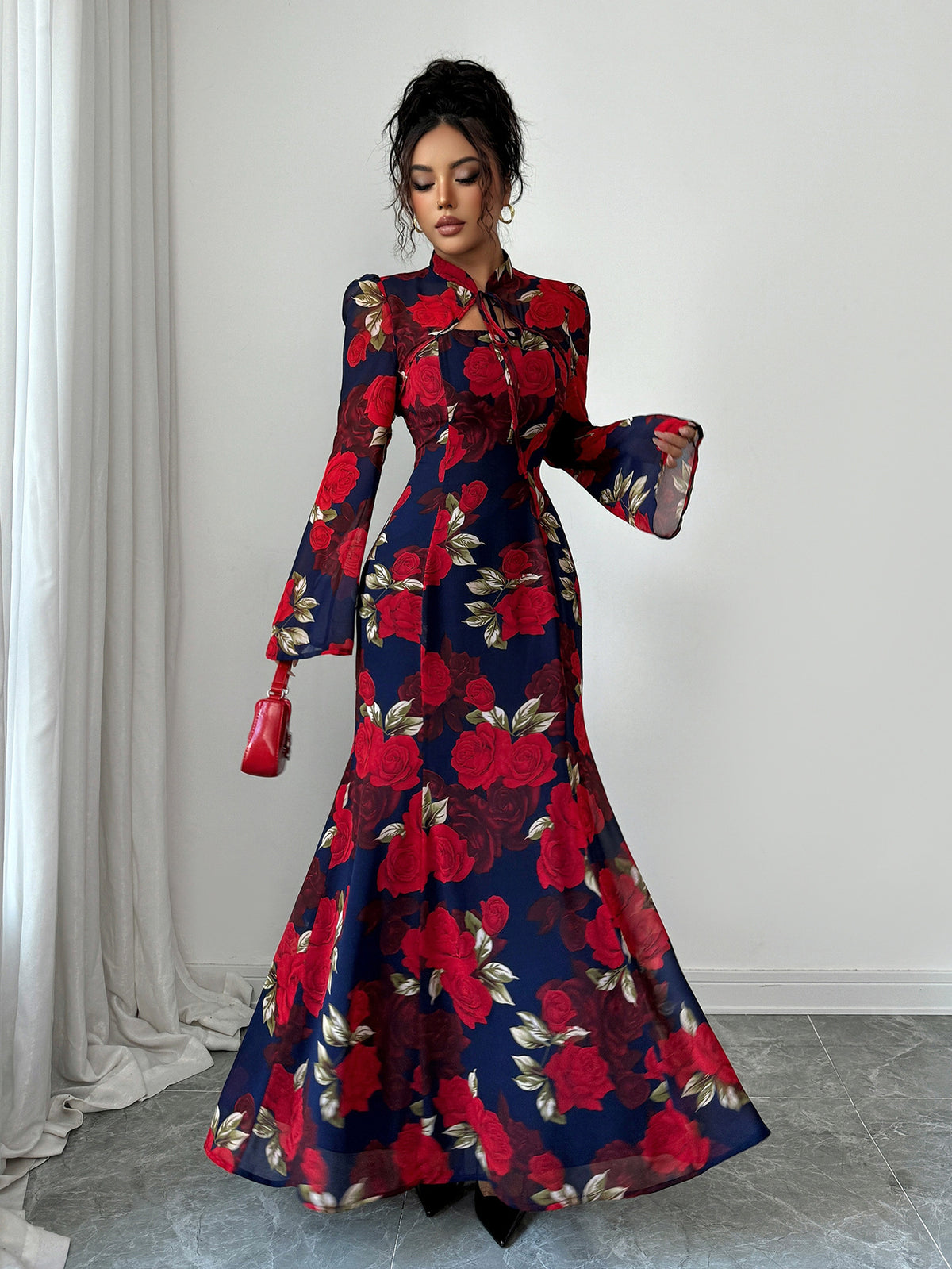 Gaovot Floral Print High Neck Long Sleeve Tie Detail Flared Women Maxi Dress