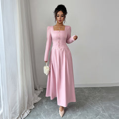 Gaovot Pink Square Neck Long Sleeve A-Line Maxi Dress for Formal Occasions