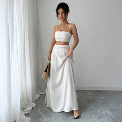 Gaovot Elegant White Cami Crop Top & High Waist Maxi Skirt Two Piece Set