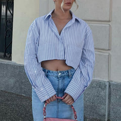 Gaovot Crop Strpied Full Sleeve Sexy Women Blouse