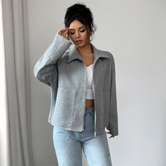 Gaovot Casual Grey Funnel Neck Zip Up Long Sleeve Cropped Jacket