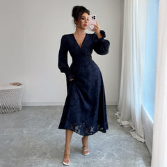 Gaovot Navy Blue Lace V-Neck Lantern Sleeve Midi Dress