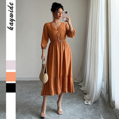 Gaovot Rust V Neck 3/4 Sleeve Button Front Flared Midi Dress