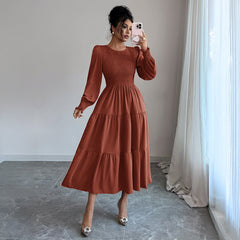Gaovot Dusty Smocked Ruffle Cuff Tiered Midi Dress for Daily Wear