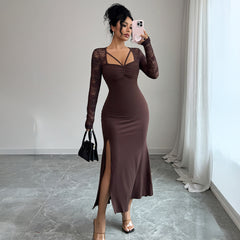 Gaovot Chocolate Lace Long Sleeve Split Thigh Bodycon Maxi Dress for Party