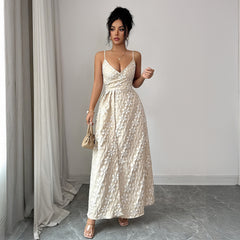 Gaovot Elegant Beige Textured Spaghetti Strap Flared Maxi Dress
