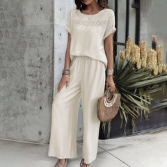 Gaovot Spring and Summer Fashion Vacation Lace Patchwork Short-Sleeved Long Pants Set Women