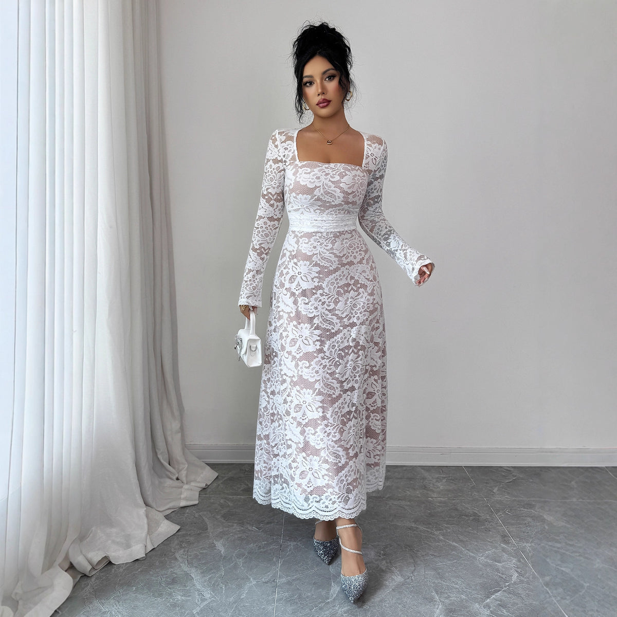 Gaovot Elegant White Lace Square Neck Flared Sleeve Maxi Dress