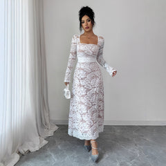 Gaovot Elegant White Lace Square Neck Flared Sleeve Maxi Dress