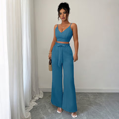 Gaovot Olive Green Two-Piece Set Strap Crop Top & Wide-Leg Pants
