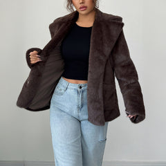Gaovot Faux Fur Lapel Collar Button Front Pocket Detail Long Sleeve Mid-length Coat