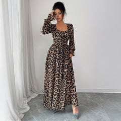 Gaovot Leopard Print Square Neck Long Sleeve Smocked Waist Tiered Maxi Dress