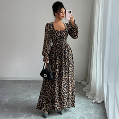 Gaovot Leopard Print Square Neck Long Sleeve Smocked Waist Tiered Maxi Dress