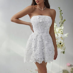 Gaovot Spring and Summer Sexy Fitted Solid Patterned Embroidered Strapless Short Dress Evening Gown Women's Wear