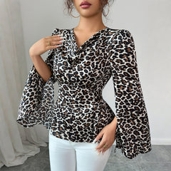 Gaovot Trendy Leopard Print Flare Sleeve Ruched Bust Peplum Blouse